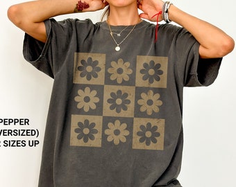 Camisa de cuadros con flores Comfort Colors: camiseta retro bohemia extragrande