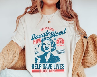 Retro vampierverpleegster T-shirt: Halloween 'Bloedbank'-design uit de jaren 50