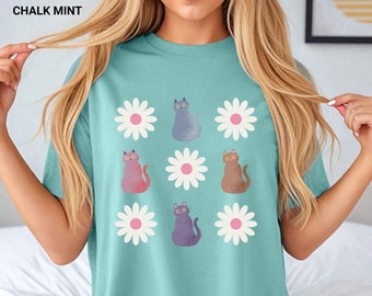 Camiseta con estampado de gato floral, camiseta para amantes de los gatos con flores silvestres, ropa boho