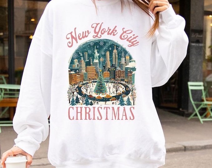 Vintage New York City Christmas, Unisex Sweatshirt, T-shirt, NY City Scape Winter Holiday Apparel, Christmas Trees Whimsical Art