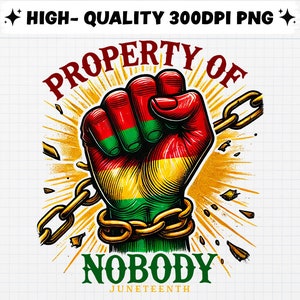 May include: A raised fist breaking free from chains, with red, green, and yellow colours, and the text "PROPERTY OF NOBODY" and "JUNETEENTH" below.