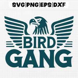 Puede incluir: Un diseño gráfico azul verdoso con un águila estilizada con las alas extendidas. El texto "BIRD GANG" está escrito debajo del águila.