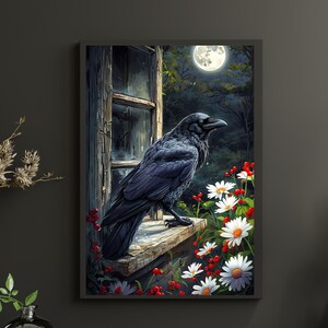 May include: A black raven perched on a windowsill with white flowers and red berries in the foreground. The moon is visible in the night sky behind the raven.
