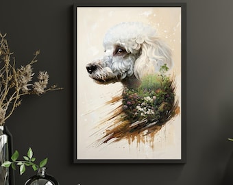 May include: A white poodle with a floral and leafy design superimposed on its body. The background is a light beige with brown and white paint splatters.