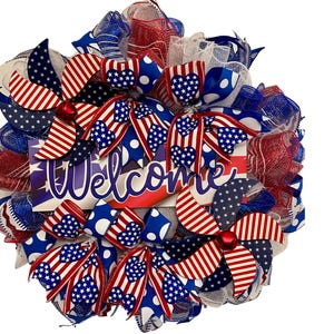 Patriotic Welcome Wreath for Front Door, 4th of July Mesh Wreath, Red White Blue Door Decor, American Flag Bow Summer Wreath