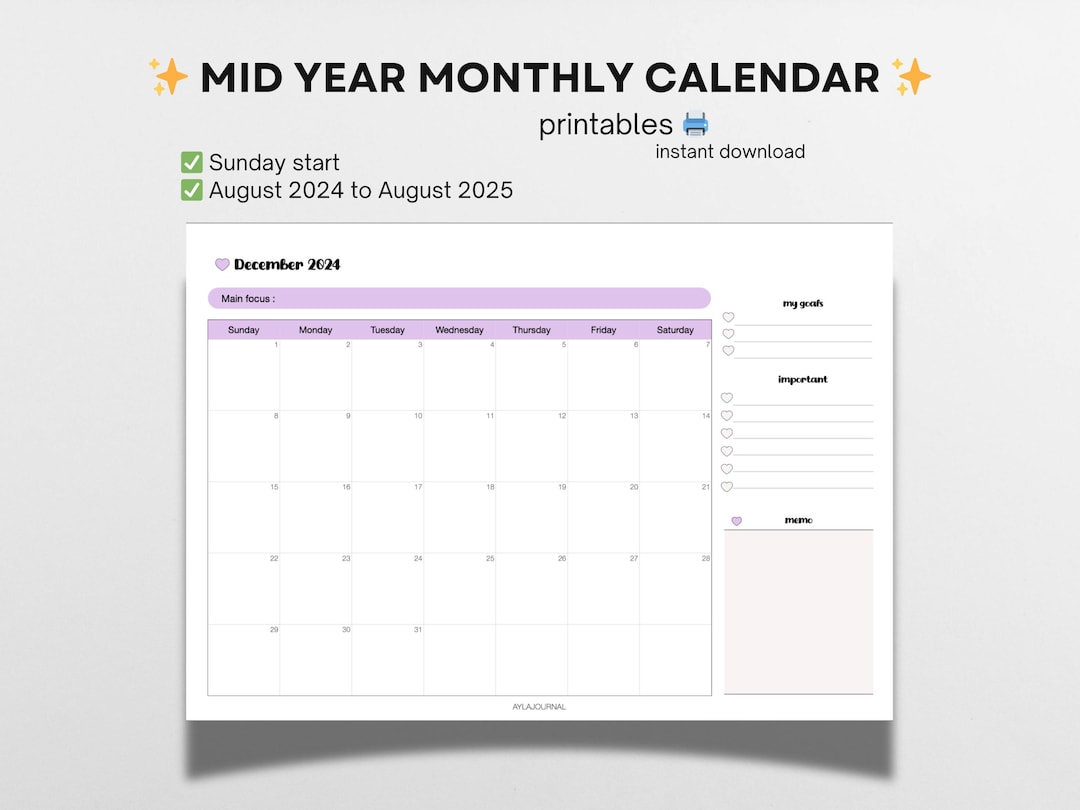 Printable Mid Year Calendar 2024 2025 Aesthetic Monthly Planner Sunday Start Homeschool Calendar ...