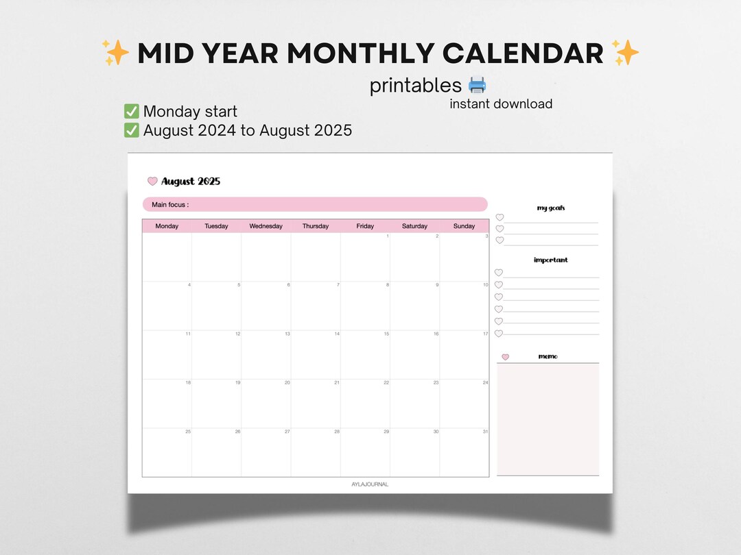 Buy Printable Mid Year Calendar 2024 2025 Aesthetic Printable Monthly