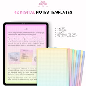Template de notes digitales pour tablette, samsung notes, modèles de pages digitales avec lignes, plusieurs couleurs : orange, rose, jaune
