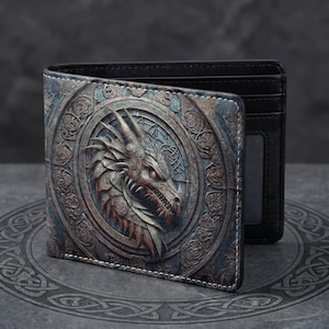 Viking Dragon, Norse Dragon Leather Men Bi-fold Wallet, Slim Card Holder, Gifts Wallet for Men, Handcrafted Celtic Anniversary Gift