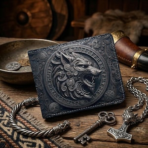 Vikingwolf, Noorse wolf lederen heren portemonnee, slanke kaarthouder, geschenkenportemonnee voor mannen, handgemaakt Keltisch jubileumcadeau