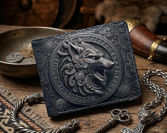Vikingwolf, Noorse wolf lederen heren portemonnee, slanke kaarthouder, geschenkenportemonnee voor mannen, handgemaakt Keltisch jubileumcadeau