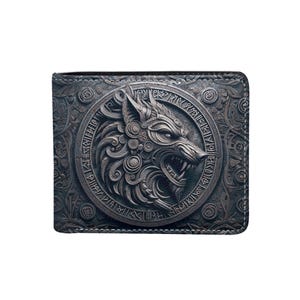 Puede incluir: Una cartera plegable gris oscuro con un diseño detallado de cabeza de lobo en un marco circular. El lobo está gruñendo, con patrones intrincados a su alrededor. La cartera tiene una apariencia texturizada y un borde decorativo.