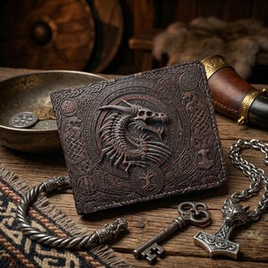 Viking Dragon, Norse Dragon Fossil Leather Men Bi-fold Wallet, Slim Card Holder, Gifts Wallet for Men, Handcrafted Celtic Anniversary Gift
