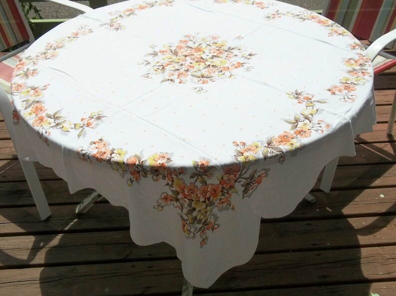 Vintage 50s Charming Rayon Dogwood and Polka Dots on Tablecloth for your Shabby Farm House Cottage or Wedding in hues of peach yellow brown