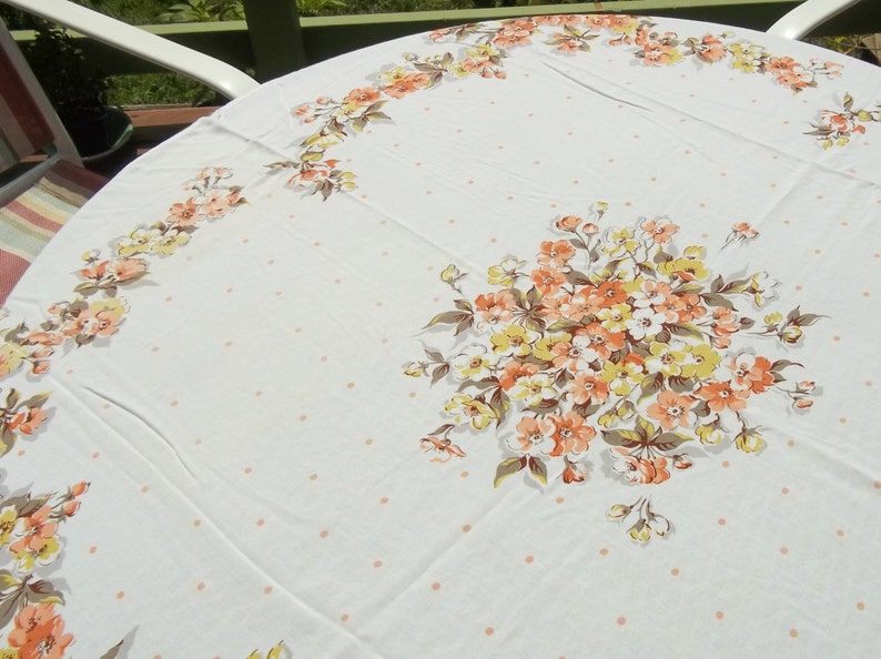 Vintage 50s Charming Rayon Dogwood and Polka Dots on Tablecloth for your Shabby Farm House Cottage or Wedding in hues of peach yellow brown