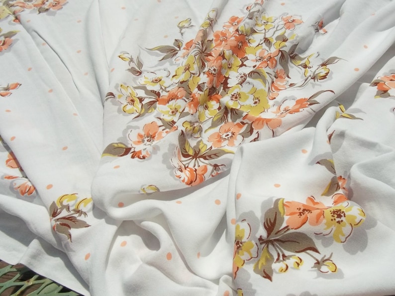 Vintage 50s Charming Rayon Dogwood and Polka Dots on Tablecloth for your Shabby Farm House Cottage or Wedding in hues of peach yellow brown