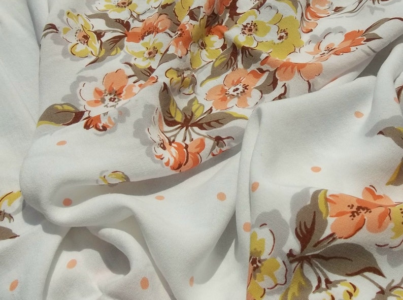 Vintage 50s Charming Rayon Dogwood and Polka Dots on Tablecloth for your Shabby Farm House Cottage or Wedding in hues of peach yellow brown