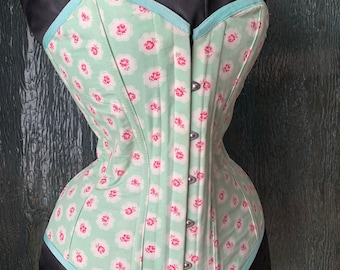 Handmade in Canada beautiful retro print Pin-up style Victorian Hourglass steel boned over bust corset SAMPLE SALE ready to ship waist 26”