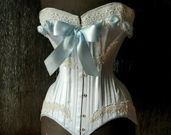 Antoinette: Bespoke Steel-Boned Edwardian S-Bend Corset in Powder Blue, Handmade in Canada by La Belle Fairy for a Perfect Fit.&quot;