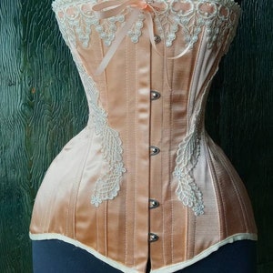 Nude Peach Satin Coutil Steel Boned Edwardian S-Bend Overbust Tight Lacing Corset with Venise Lace Detail Custom Made Just For You image 4