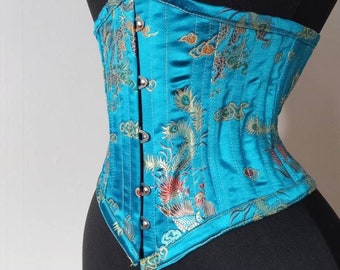 Handmade by corsetiere Labellefairy Stunning turquoise silk steel boned Victorian hourglass 22" underbust corset ready to ship sample