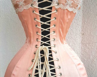 Seashell Peach Pink Satin Coutil Steel Boned Edwardian S Curve Overbust Tight Lacing Corset with Venise Lace Detail Custom Made Just For You