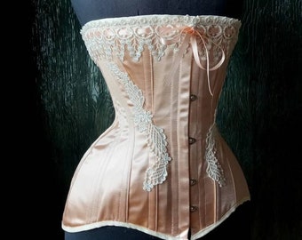 Nude Peach Satin Coutil Steel Boned Edwardian S-Bend Overbust Tight Lacing Corset with Venise Lace Detail Custom Made Just For You