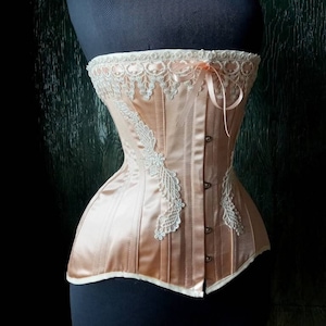 Nude Peach Satin Coutil Steel Boned Edwardian S-Bend Overbust Tight Lacing Corset with Venise Lace Detail Custom Made Just For You image 1