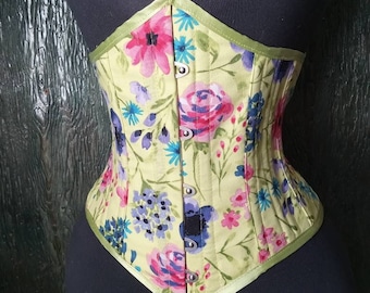 Handmade in Canada by La Belle Fairy corsets lovely steel boning Victorian underbust corset in bright spring green cotton floral