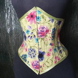 Handmade in Canada by La Belle Fairy corsets lovely steel boning Victorian underbust corset in bright spring green cotton floral image 1