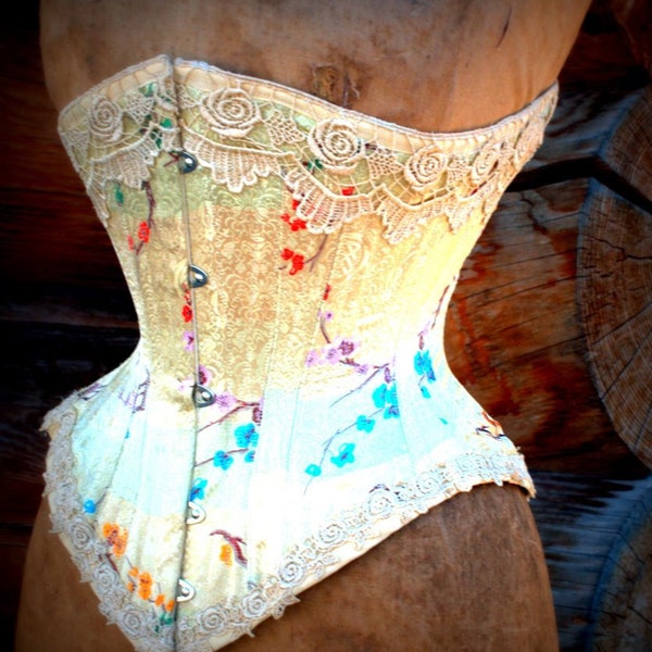Steel Boned Gold Silk Brocade Lingerie Set with Tea Stained Venise Lace Features Underbust Corset and GString Panty Custom Made Just for You