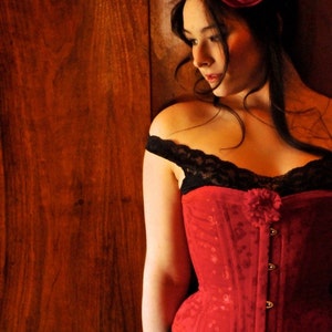 Classic Red Corset Mid bust Tightlacing Gothic Coutil Brocade Boned image 2