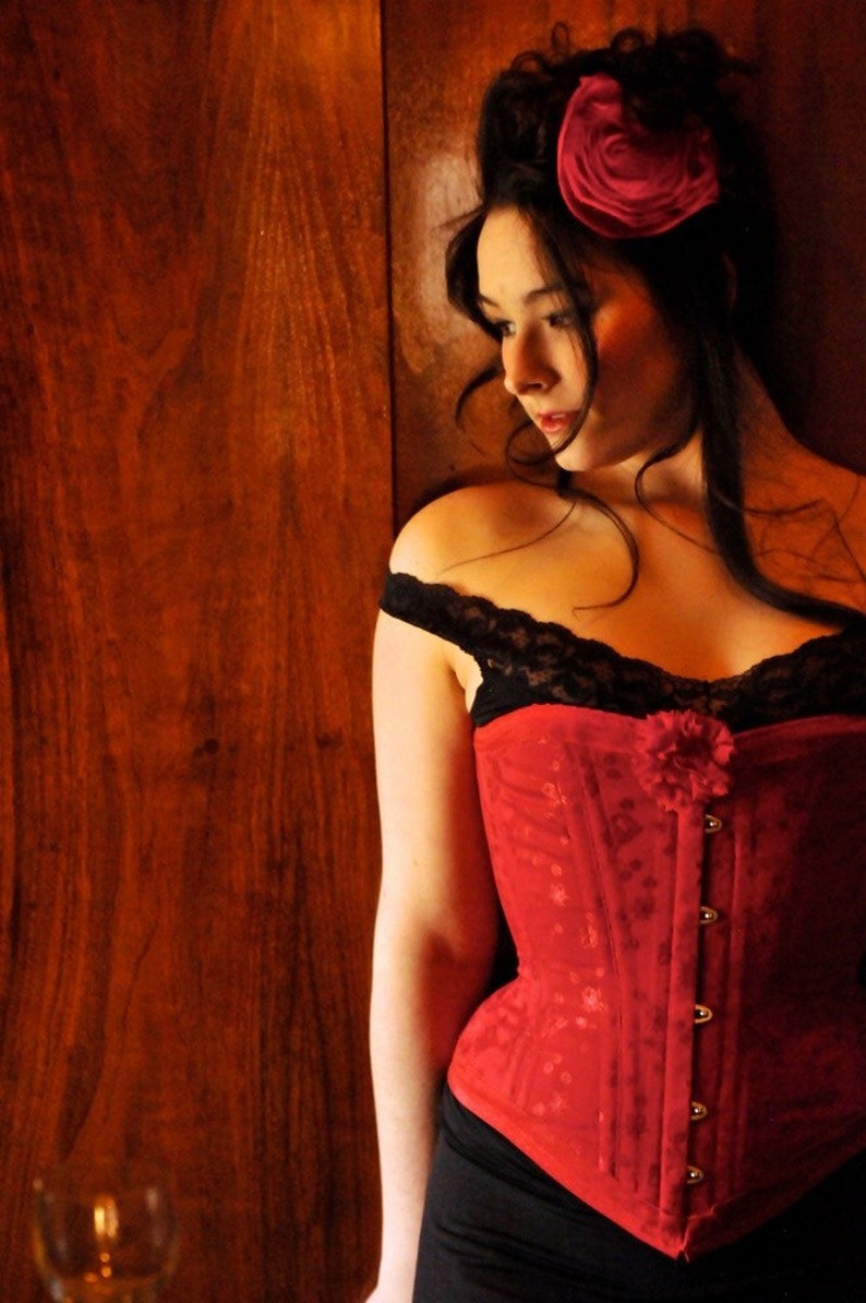 Classic Red Corset Mid bust Tightlacing Gothic Coutil Brocade Boned image 2