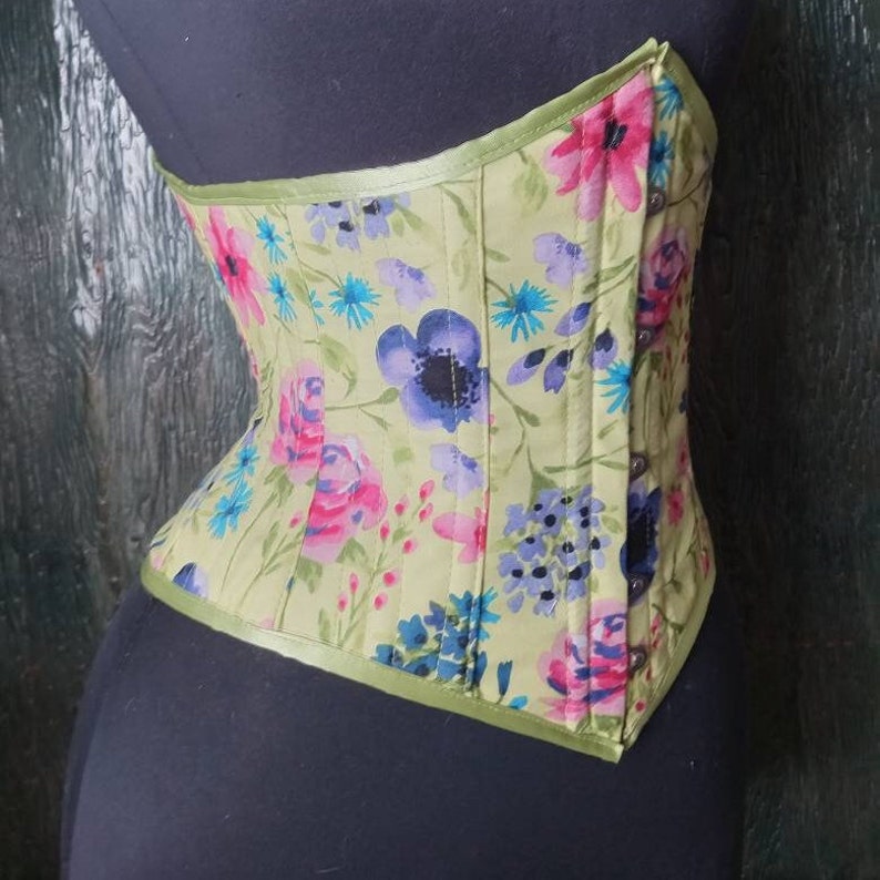 Handmade in Canada by La Belle Fairy corsets lovely steel boning Victorian underbust corset in bright spring green cotton floral image 2