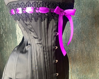 Handmade Custom Mare to Measure Black satin coutil S-Bend classic Edwardian steel boned corset custom made just for you by La Belle Fairy