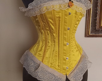 DEVONY...Handmade by La Belle Fairy ready to ship Antique Replica Victorian 1898 steel boned yellow silk corset by La belle fairy