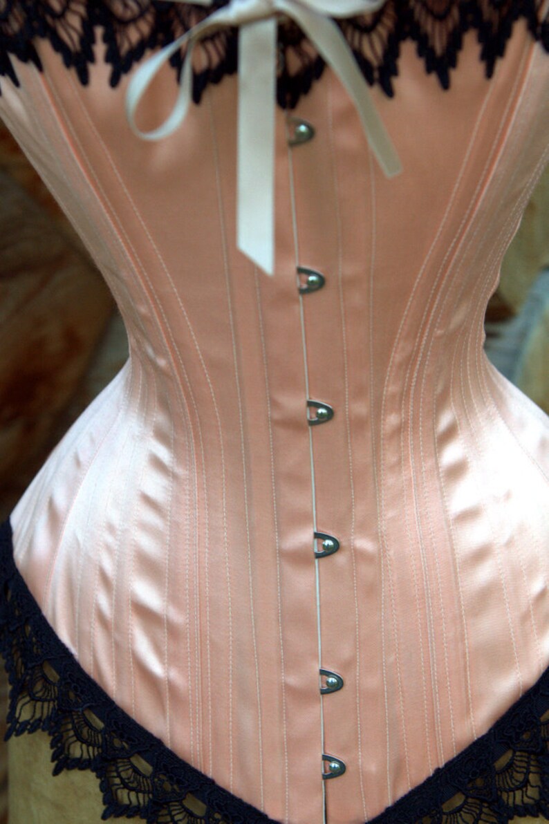 Show Stopping Peach & Black Handmade Victorian Steel Boned Overbust Corset with Black Venice Detail at Bust and Hip Custom Made Just for You image 4