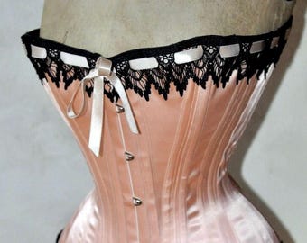 Handmade Peach Satin Corset with Black Lace, Steel Boned Victorian Overbust