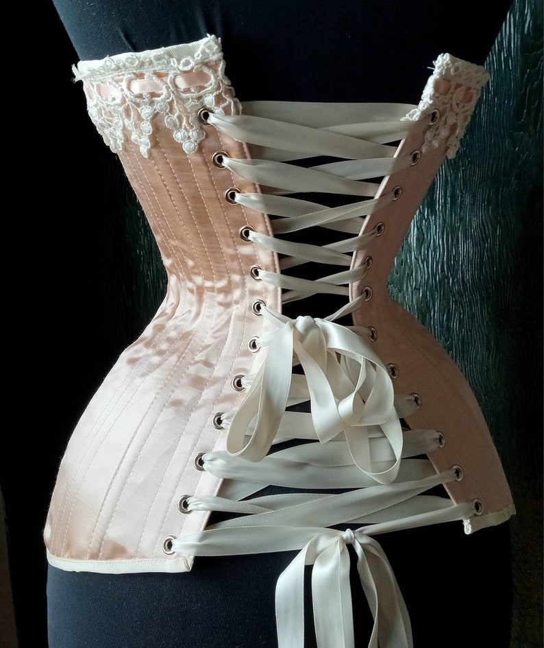 Nude Peach Satin Coutil Steel Boned Edwardian S-Bend Overbust Tight Lacing Corset with Venise Lace Detail Custom Made Just For You image 6