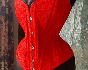 Handmade Fire Engine red brocade silk classic overbust corset ready to ship perfect for Valentines waist 26” closed fits to 30” waist