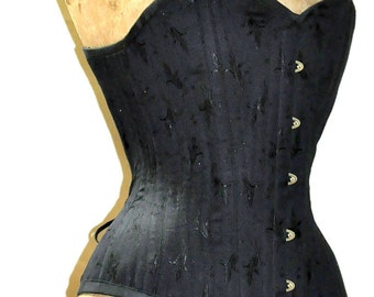 Steampunk Victorian Corset Black Brocade Steelboned Overbust Burlesque Classic Tightlacing Noir