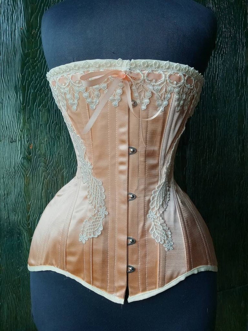 Nude Peach Satin Coutil Steel Boned Edwardian S-Bend Overbust Tight Lacing Corset with Venise Lace Detail Custom Made Just For You image 4