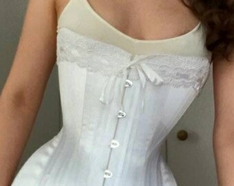 Luminous White Satin Handmade Edwardian S Bend Steel Boned Corset With Lace  Detail Custom Made Just for You 