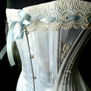 MERIDITH….Handcrafted Authentic Edwardian corset design powder blue with lace and garters made to measure perfect for weddings or boudoir
