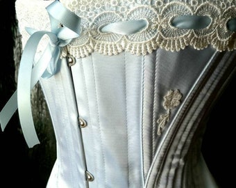 Handcrafted Authentic Edwardian corset design powder blue with lace detail and garters made to measure perfect for weddings or boudoir
