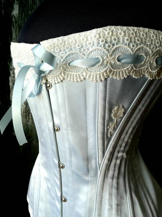 Handcrafted Authentic Edwardian Corset Design Powder Blue With Lace Detail  and Garters Made to Measure Perfect for Weddings or Boudoir 