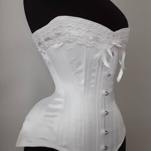 Luminous White Satin Handmade Edwardian S Bend Steel Boned Corset with Lace Detail Custom made Just for you image 5