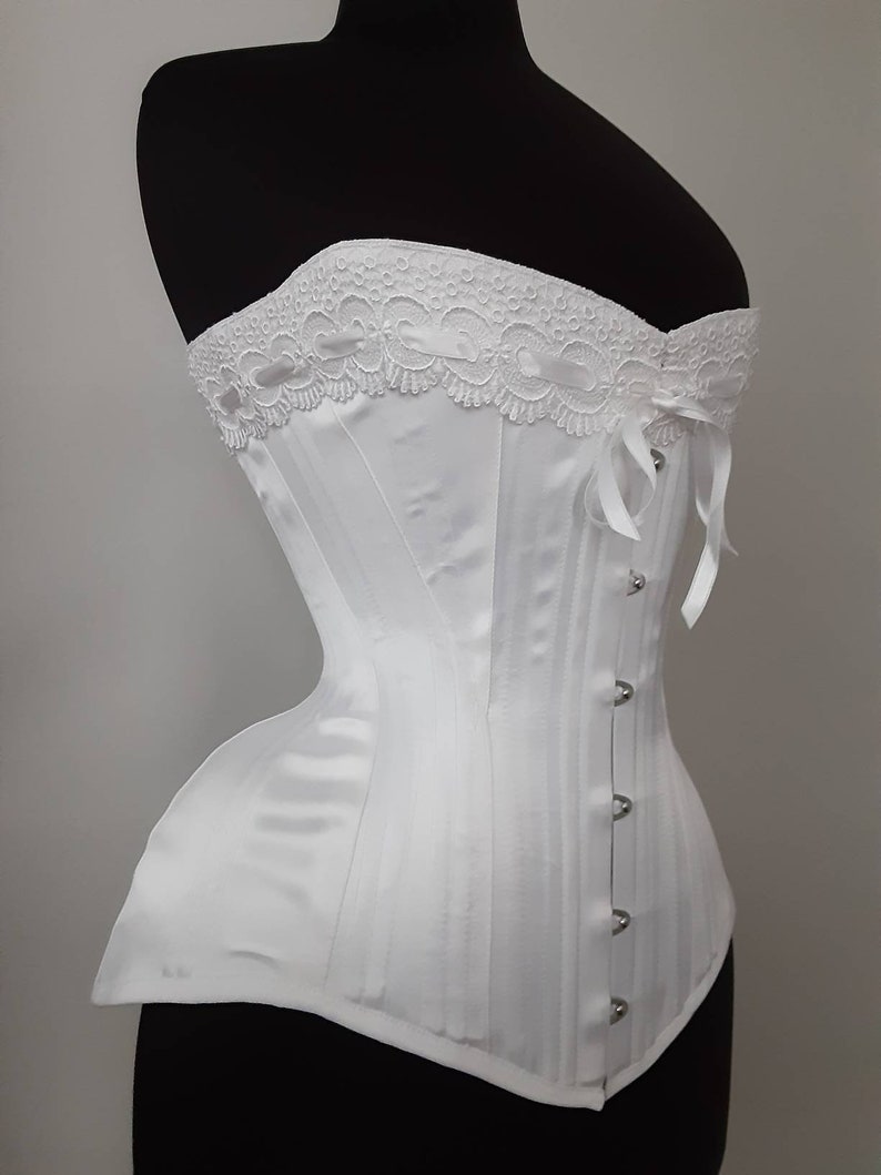 Luminous White Satin Handmade Edwardian S Bend Steel Boned Corset with Lace Detail Custom made Just for you image 5