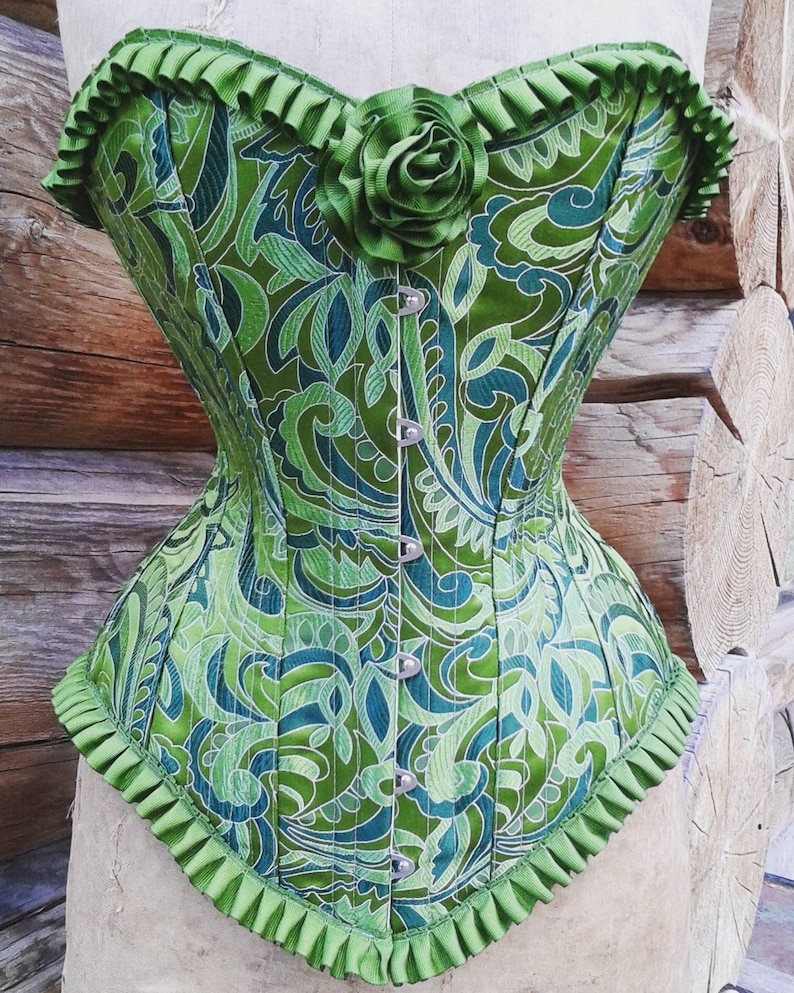 Bespoke beautiful green silk handmade custom steel boned overbust corset by La Belle Fairy image 2