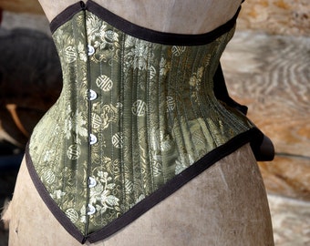 Handmade Steampunk Victorian Style Olive Green Silk Brocade Steel Boned Underbust Corset Perfect For Tight Lacing Custom Made Just for You